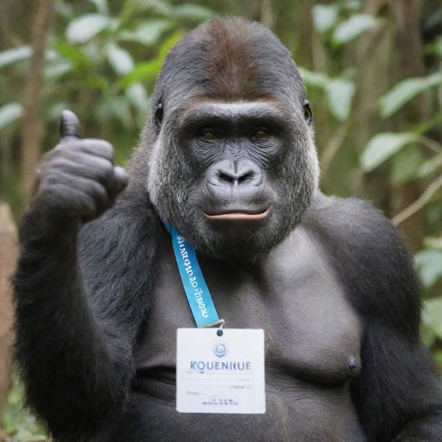 A happy gorilla giving a thumbs up, with a name tag labeled 'Queenie Castilon'.