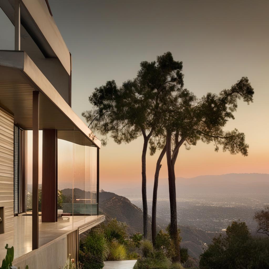 A house in the style of Julius Shulman's architectural photography, perched in the LA hills with a sweeping view of the city, rendered in a 16:9 aspect ratio, with high contrast and 90% saturation.