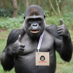 A happy gorilla giving a thumbs up, with a name tag labeled 'Queenie Castilon'.