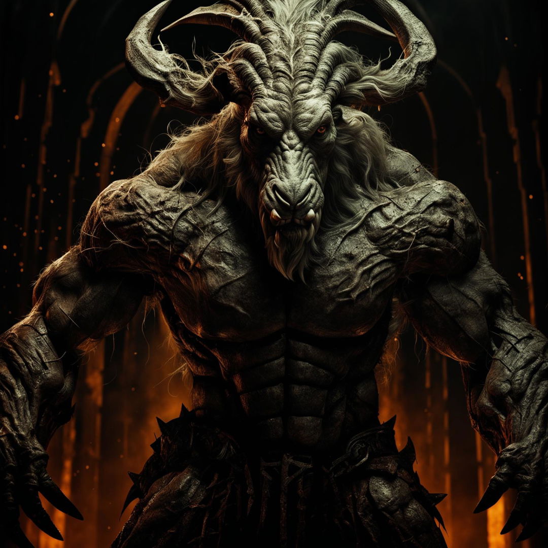 Preserve the intricate, cinematic, horrifyingly evil vibe of the scene. Now transform the goat into an exceptionally muscular figure, enhancing the level of intimidation and power it exudes. The image remains filled with satanic overtones and suspense.