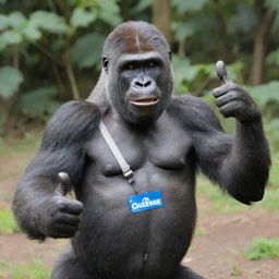 A joyful gorilla giving a thumbs up, wearing a name tag that reads 'QueeNie'.