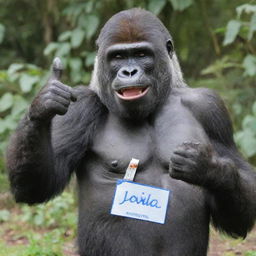 A joyful gorilla giving a thumbs up, wearing a name tag that reads 'QueeNie'.