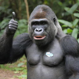 A joyful gorilla giving a thumbs up, wearing a name tag that reads 'QueeNie'.