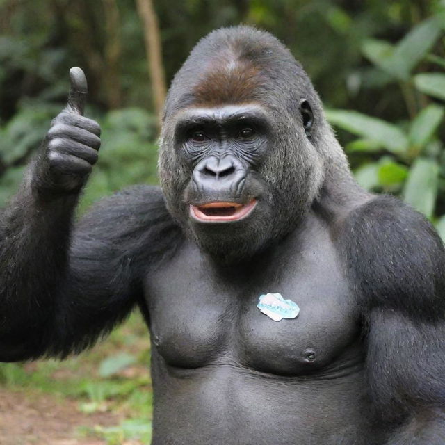 A joyful gorilla giving a thumbs up, wearing a name tag that reads 'QueeNie'.