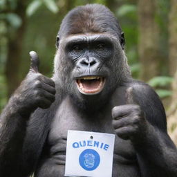 A joyful gorilla giving a thumbs up, wearing a name tag that reads 'QueeNie'.