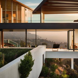 A house in the style of Julius Shulman's architectural photography, perched in the LA hills with a sweeping view of the city, rendered in a 16:9 aspect ratio, with high contrast and 90% saturation.