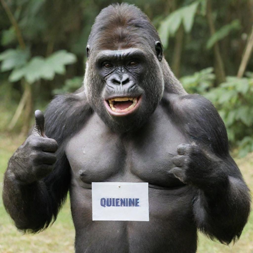 An upbeat gorilla giving a thumbs up, sporting a name tag with the name 'QueENie' inscribed.