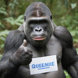 An upbeat gorilla giving a thumbs up, sporting a name tag with the name 'QueENie' inscribed.