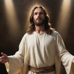 Jesus in a powerful and majestic pose, with cinematic quality. The scene is filled with divine light, rich in colors and detail, rendering a profound sense of awe and reverence.