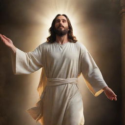 Jesus in a powerful and majestic pose, with cinematic quality. The scene is filled with divine light, rich in colors and detail, rendering a profound sense of awe and reverence.