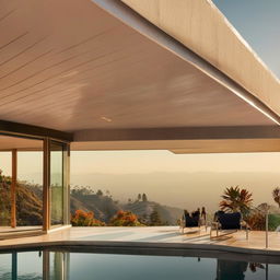 A house in the style of Julius Shulman's architectural photography, perched in the LA hills with a sweeping view of the city, rendered in a 16:9 aspect ratio, with high contrast and 90% saturation.