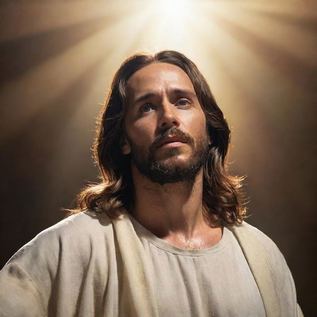 Jesus in a powerful and majestic pose, with cinematic quality. The scene is filled with divine light, rich in colors and detail, rendering a profound sense of awe and reverence.