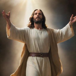 Jesus in a powerful and majestic pose, with cinematic quality. The scene is filled with divine light, rich in colors and detail, rendering a profound sense of awe and reverence.