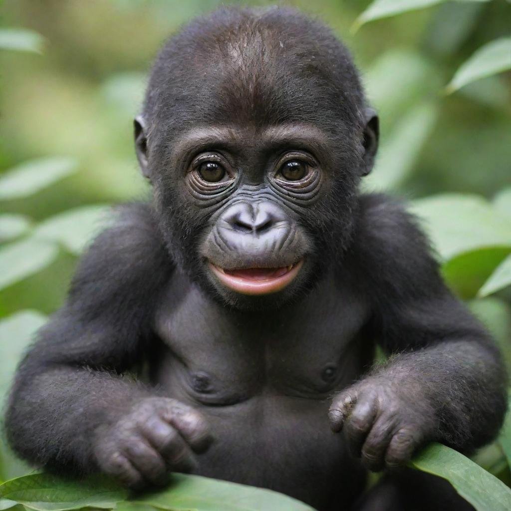 A cute baby gorilla, playfully curious and brimming with youthful energy, named 'queEniE'.