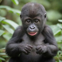 A cute baby gorilla, playfully curious and brimming with youthful energy, named 'queEniE'.