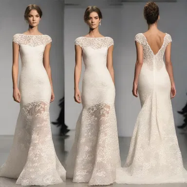 The designer created a stunning dress with intricate lace detailing, and the ledger board along the neckline added a unique touch.