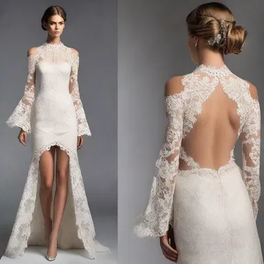 The designer created a stunning dress with intricate lace detailing, and the ledger board along the neckline added a unique touch.