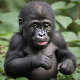 A cute baby gorilla, playfully curious and brimming with youthful energy, named 'queEniE'.