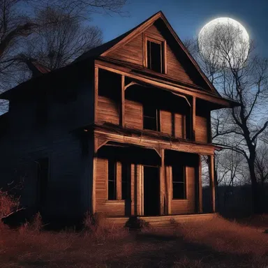 As the sun set and darkness enveloped the old house, the eerie glow from the moon revealed a shadow lurking behind the rotting ledger board, sending shivers down the character's spine.