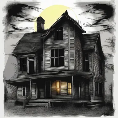 As the sun set and darkness enveloped the old house, the eerie glow from the moon revealed a shadow lurking behind the rotting ledger board, sending shivers down the character's spine.