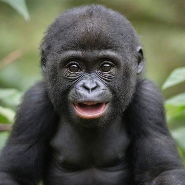 A cute baby gorilla, playfully curious and brimming with youthful energy, named 'queEniE'.