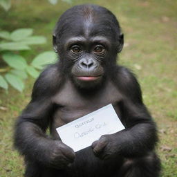 A lovable baby gorilla with a name tag reading 'queEniE'. The young primate is full of curiosity and playfulness.