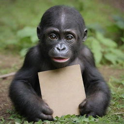 A lovable baby gorilla with a name tag reading 'queEniE'. The young primate is full of curiosity and playfulness.