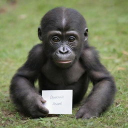 A lovable baby gorilla with a name tag reading 'queEniE'. The young primate is full of curiosity and playfulness.