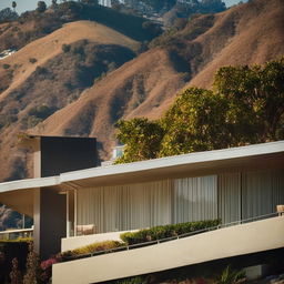 A house in the style of Julius Shulman's architectural photography, perched in the LA hills with a sweeping view of the city, rendered in a 16:9 aspect ratio, with high contrast and 90% saturation.