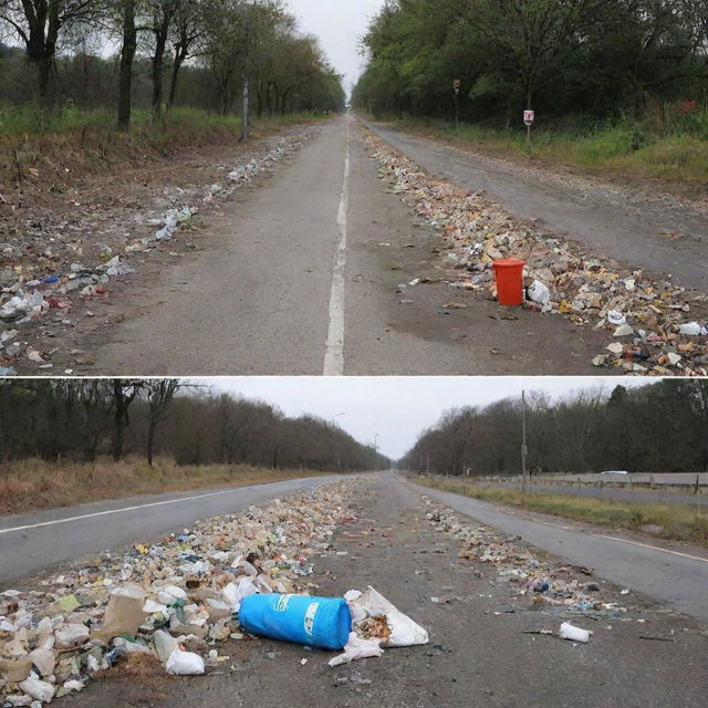 Generate an impactful image showing the drastic comparison between a littered environment and a clean one endorsing the importance of litter discipline.