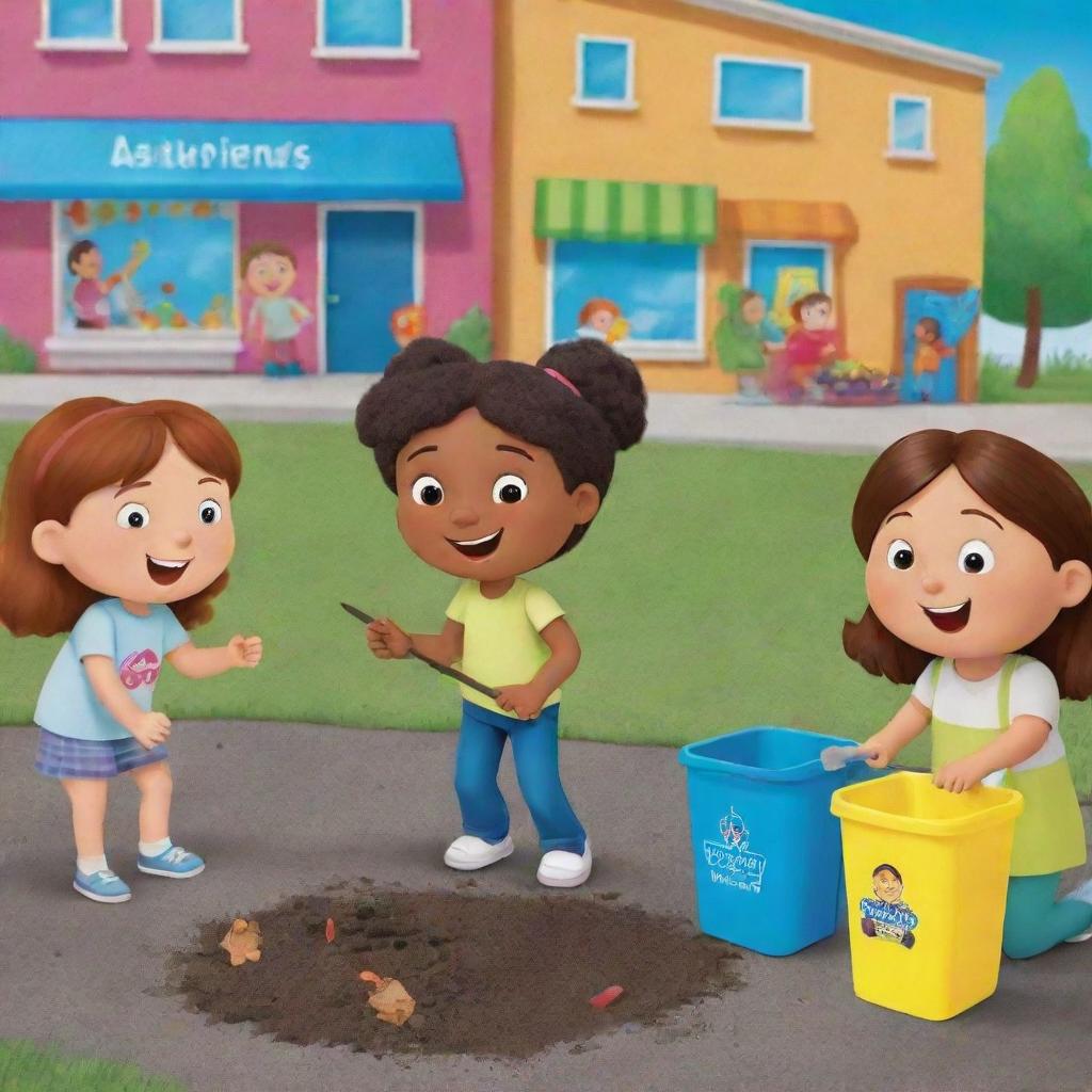 Create an animated, colorful picture depicting children learning about litter discipline through fun and educational activities in a bright, lively environment.