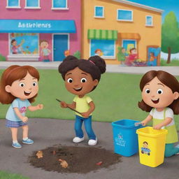 Create an animated, colorful picture depicting children learning about litter discipline through fun and educational activities in a bright, lively environment.