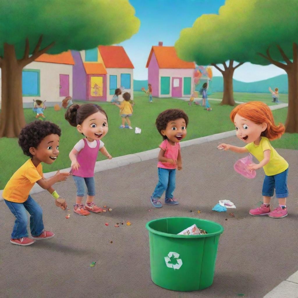 Create an animated, colorful picture depicting children learning about litter discipline through fun and educational activities in a bright, lively environment.