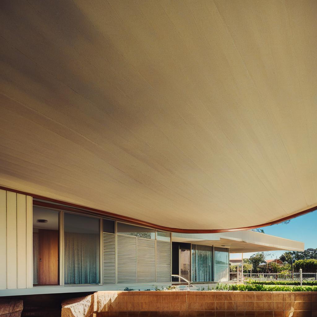 A house in Mount Druitt, Australia in the style of Julius Shulman's architectural photography, overlooking a train station, rendered in a 16:9 aspect ratio, with high contrast and 90% saturation.