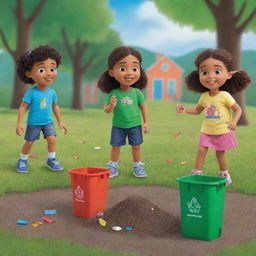 Create an animated, colorful picture depicting children learning about litter discipline through fun and educational activities in a bright, lively environment.