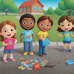 Create an animated, colorful picture depicting children learning about litter discipline through fun and educational activities in a bright, lively environment.