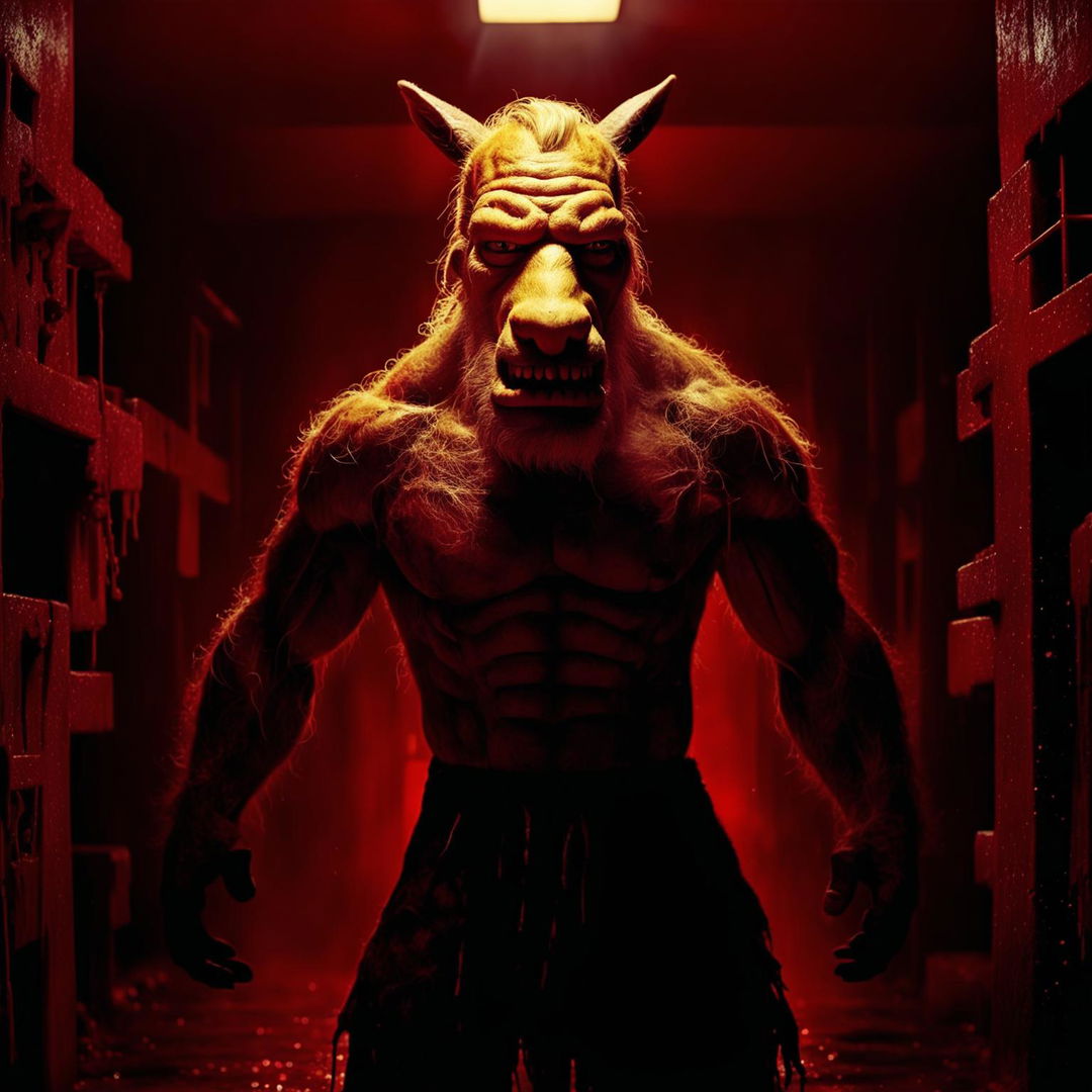 Recreate the exact same intricate, cinematic and horrifyingly suspenseful scene, but replace the muscular goat with a depiction of Homer Simpson. Homer should possess the same muscularity, intimidating energy and satanic suspense in this eerie, red-lit dreamlike setting.