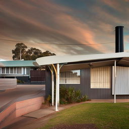 A house in Mount Druitt, Australia in the style of Julius Shulman's architectural photography, overlooking a train station, rendered in a 16:9 aspect ratio, with high contrast and 90% saturation.