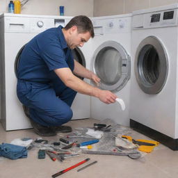 A detailed scene of a technician meticulously fixing a washing machine with tools spread around.