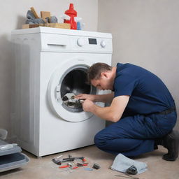 A detailed scene of a technician meticulously fixing a washing machine with tools spread around.