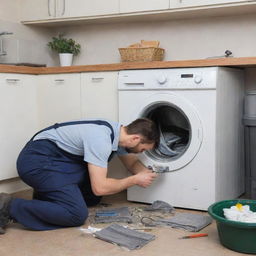 A detailed scene of a technician meticulously fixing a washing machine with tools spread around.