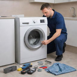 A detailed scene of a technician meticulously fixing a washing machine with tools spread around.