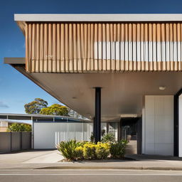 A house in Mount Druitt, Australia in the style of Julius Shulman's architectural photography, overlooking a train station, rendered in a 16:9 aspect ratio, with high contrast and 90% saturation.