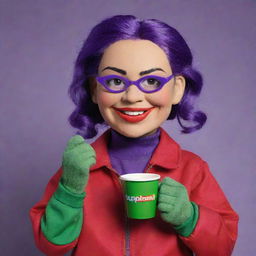 Mona the puppet from Nanalan' wearing a red Supreme jacket, holding a cup full of vibrant purple liquid, showing her green color and friendly expression.