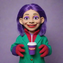 Mona the puppet from Nanalan' wearing a red Supreme jacket, holding a cup full of vibrant purple liquid, showing her green color and friendly expression.