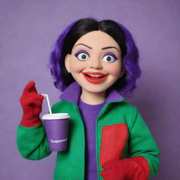 Mona the puppet from Nanalan' wearing a red Supreme jacket, holding a cup full of vibrant purple liquid, showing her green color and friendly expression.