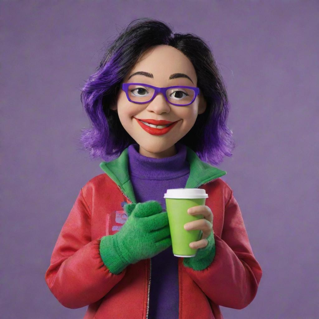 Mona the puppet from Nanalan' wearing a red Supreme jacket, holding a cup full of vibrant purple liquid, showing her green color and friendly expression.