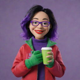 Mona the puppet from Nanalan' wearing a red Supreme jacket, holding a cup full of vibrant purple liquid, showing her green color and friendly expression.