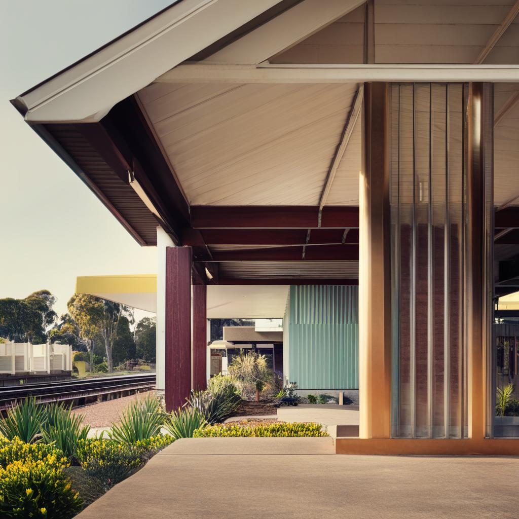 A house in Mount Druitt, Australia in the style of Julius Shulman's architectural photography, overlooking a train station, rendered in a 16:9 aspect ratio, with high contrast and 90% saturation.