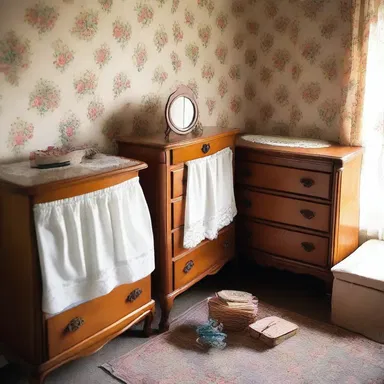 The vintage-themed room was decorated with wooden furniture, including a small dresser where a pair of knickers was neatly laid out.